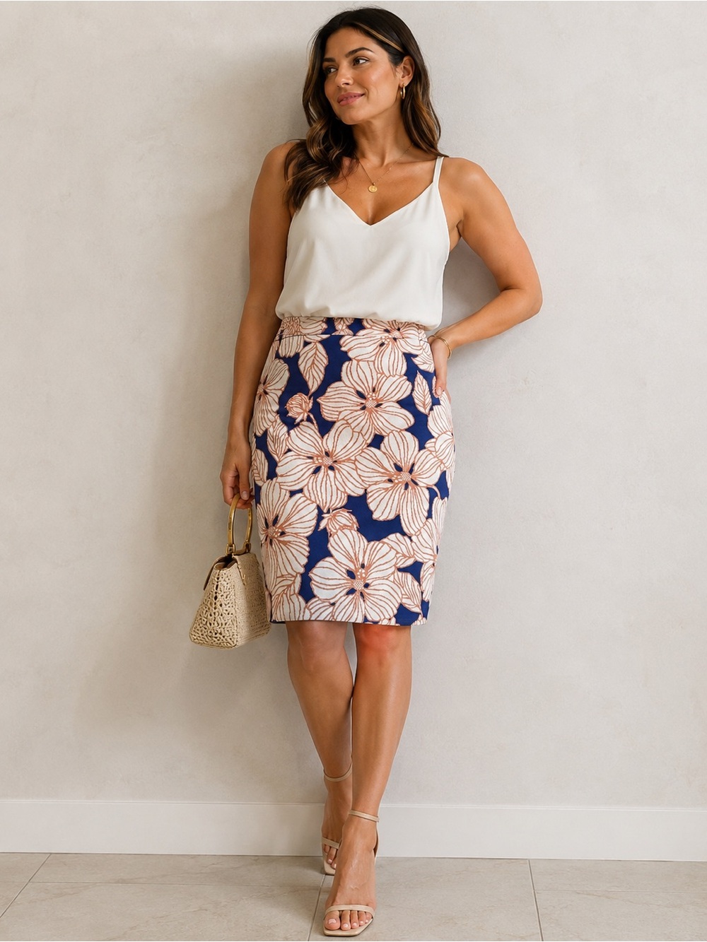BCBGMaxAzria Floral Navy Pink Pencil Skirt Women’s Knit Midi Skirt